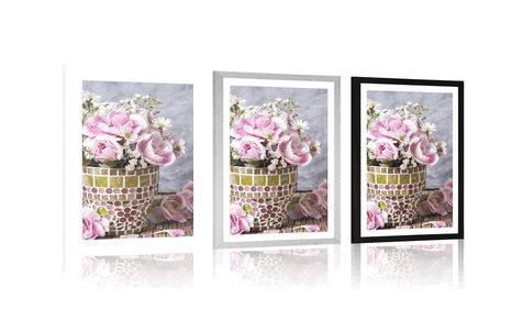 POSTER MIT PASSEPARTOUT NELKENBLÜTEN IM MOSAIK-BLUMENTOPF - VASEN - POSTER