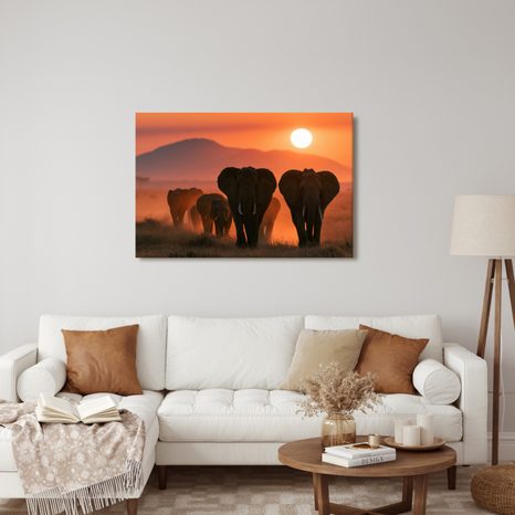 TABLEAU SUR TOILE – ÉLÉPHANTS AU COUCHER DU SOLEIL - TABLEAUX ÉLÉPHANTS - TABLEAUX