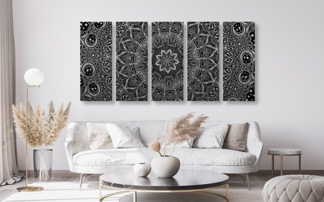 5-DÍLNÝ OBRAZ ORIENTÁLNÍ MANDALA V ČERNOBÍLÉM PROVEDENÍ - ČERNOBÍLÉ OBRAZY - OBRAZY