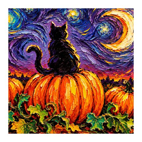QUADRO SU TELA – GATTO TRA ZUCCHE E LUNA - QUADRI HALLOWEEN E HORROR - STAMPE E QUADRI