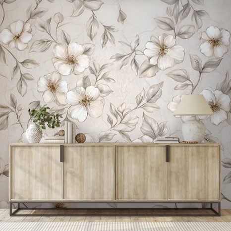TAPET FLORI ȘI FRUNZE BEJ DELICATE - TAPET FLORI - TAPETURI