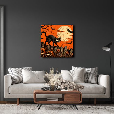 QUADRO SU TELA – GATTO DI HALLOWEEN TRA LE ZUCCHE - QUADRI HALLOWEEN E HORROR - STAMPE E QUADRI