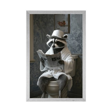 POSTER WASCHBÄR MIT EINER ZEITUNG AUF DEM KLO - TIERE - POSTER