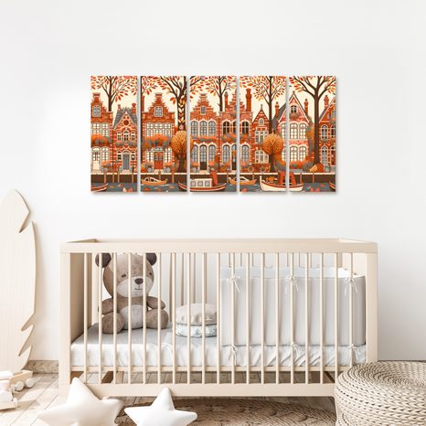 5-TEILIGES WANDBILD HERBST AM KANAL MIT HISTORISCHEN HÄUSERN - BILDER VON STÄDTEN - BILDER