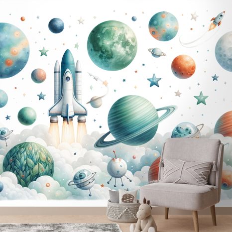 TAPETA DĚTSKÝ VESMÍRNÝ SVĚT S RAKETAMI - DĚTSKÉ TAPETY - TAPETY
