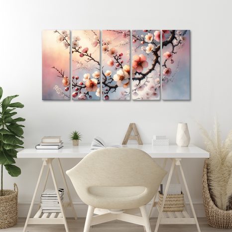 5-TEILIGES WANDBILD BLÜHENDER ZWEIG - BILDER BLUMEN - BILDER