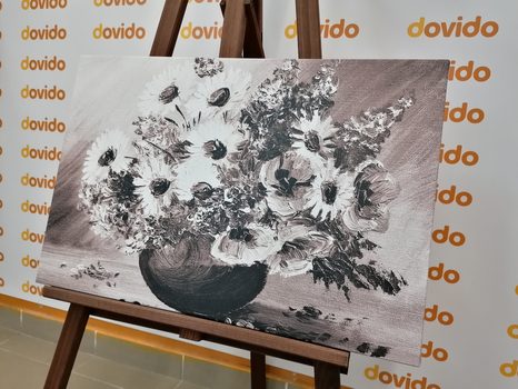 WANDBILD ÖLGEMÄLDE SOMMERBLUMEN IN SCHWARZ-WEISS - SCHWARZ-WEISSE BILDER - BILDER