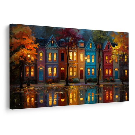 OBRAZ PODZIMNÍ VEČER V MĚSTĚ - BAREVNÉ DOMY - OBRAZY