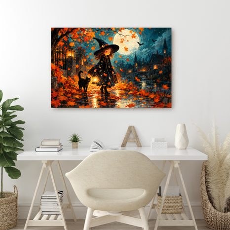WANDBILD KLEINE HEXE IN DER HERBSTNACHT - HALLOWEEN- UND HORROR-BILDER - BILDER