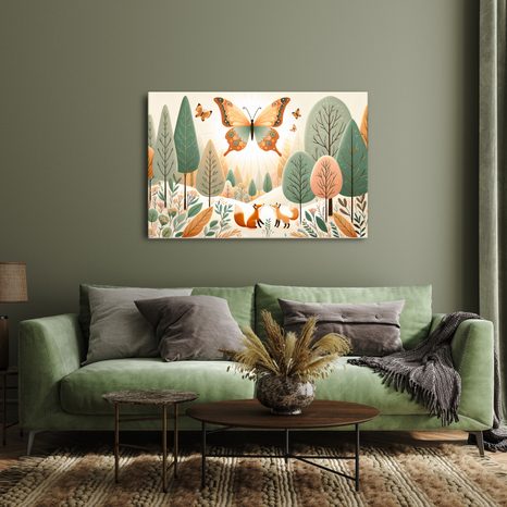 WANDBILD FÜCHSE UNTER FLIEGENDEM SCHMETTERLING - KINDERBILDER TIERE - BILDER