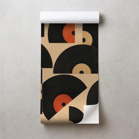 SELBSTKLEBENDE TAPETE RETRO-VINYLPLATTEN AUF BEIGEM HINTERGRUND - MUSIK FOTOTAPETEN - TAPETEN