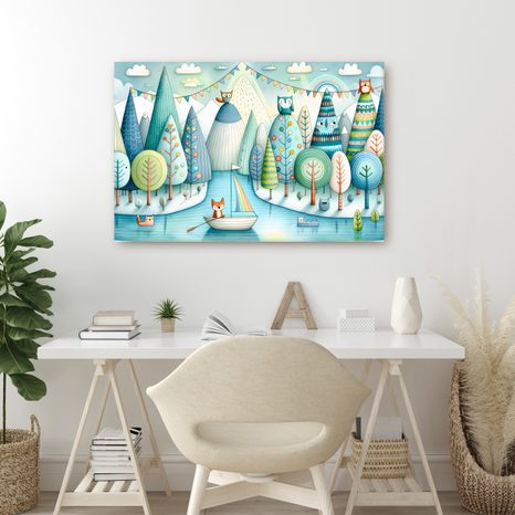 WANDBILD FUCHSABENTEUER IM BOOT DURCH DEN WALD - KINDERBILDER TIERE - BILDER