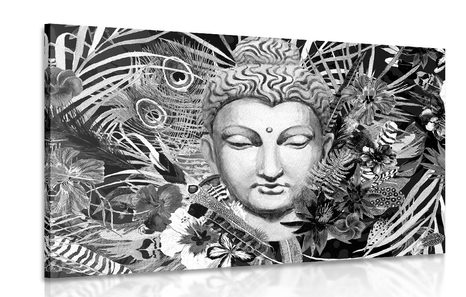 CANVAS PRINT BUDDHA ON AN EXOTIC BACKGROUND IN BLACK AND WHITE - BLACK AND WHITE PICTURES - PICTURES