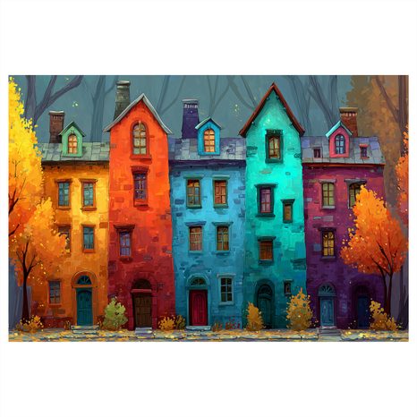 WANDBILD BUNTE HÄUSER IM HERBSTWALD - BUNTE HÄUSER - BILDER