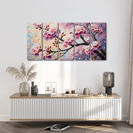 5-TEILIGES WANDBILD KIRSCHBLÜTEN IM FRÜHLINGSWIND - BILDER BLUMEN - BILDER