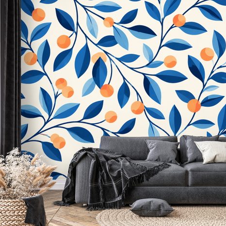 ZELFKLEVEND FOTOBEHANG BLAUWE TAKJES MET ORANJE VRUCHTEN - FOTOBEHANG BLOEMEN - FOTOBEHANG