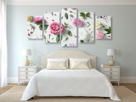5-TEILIGES WANDBILD ZARTES STILLLEBEN MIT BLUMEN - BILDER BLUMEN - BILDER