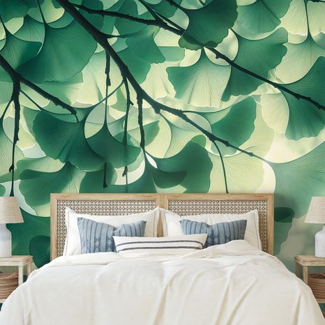SAMOLEPÍCÍ TAPETA ZELENÉ LISTY GINKGO V ZÁŘI SVĚTLA - TAPETY LISTY - TAPETY