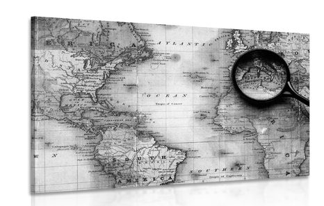 CANVAS PRINT BLACK AND WHITE WORLD MAP WITH A MAGNIFYING GLASS - BLACK AND WHITE PICTURES - PICTURES