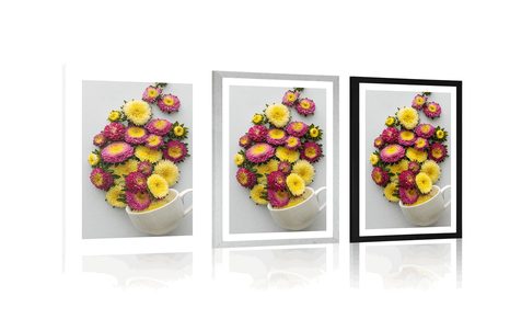 POSTER MIT PASSEPARTOUT TASSE VOLL VON BLUMEN - VASEN - POSTER