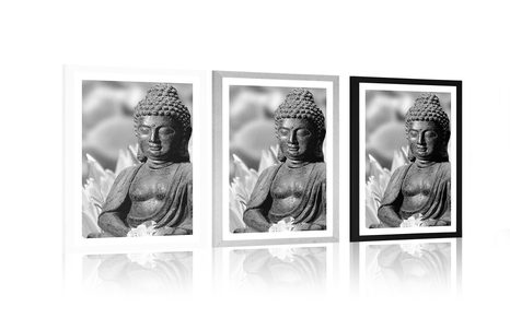 PLAGÁT S PASPARTOU POKOJNÝ BUDHA V ČIERNOBIELOM PREVEDENÍ - ČIERNOBIELE - PLAGÁTY