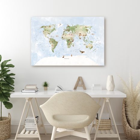 WANDBILD WELTKARTE MIT TIEREN - KINDERLANDKARTEN - BILDER