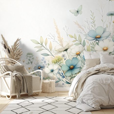 TAPETE PASTELLWIESENBLUMEN UND FLIEGENDE SCHMETTERLINGE - TAPETEN MIT BLUMENMOTIVEN - TAPETEN