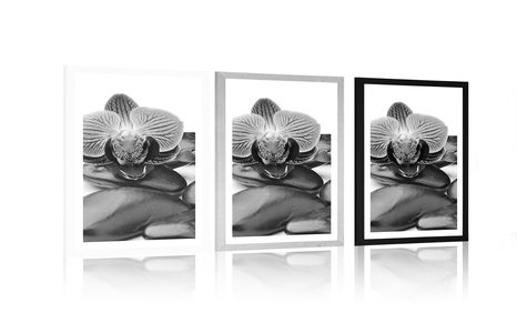 PLAKAT S PASPARTUOM MASAŽNO WELLNESS KAMENJE U CRNO-BIJELOM DIZAJNU - CRNO-BIJELE - PLAKATI