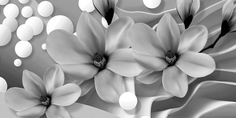CANVAS PRINT BLACK AND WHITE MAGNOLIA ON AN ABSTRACT BACKGROUND - BLACK AND WHITE PICTURES - PICTURES