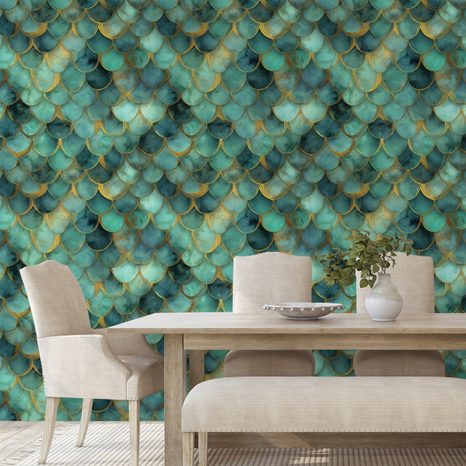SAMOLEPÍCÍ TAPETA ZELENÉ MOŘSKÉ ŠUPINY S NÁDECHEM ZLATA - VZOROVANÉ TAPETY - TAPETY