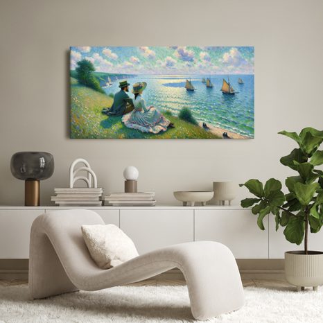 QUADRO SU TELA – COPPIA CHE OSSERVA LA BARCA A VELA - QUADRI MARE E SPIAGGIA - STAMPE E QUADRI