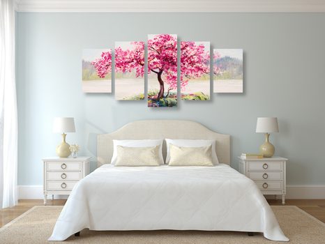 5-DÍLNÝ OBRAZ ORIENTÁLNÍ TŘEŠEŇ V RŮŽOVÉM PROVEDENÍ - OBRAZY PŘÍRODY A KRAJINY - OBRAZY