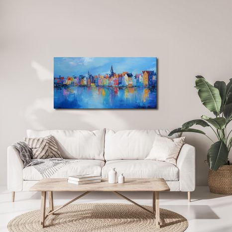 WANDBILD BUNTE STADT AM FLUSS - BUNTE HÄUSER - BILDER