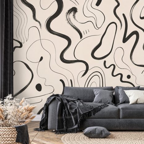 SELBSTKLEBENDE TAPETE MINIMALISTISCHE SCHWARZE ORGANISCHE LINIEN - ABSTRAKTE TAPETEN - TAPETEN