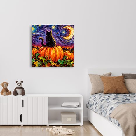 QUADRO SU TELA – GATTO TRA ZUCCHE E LUNA - QUADRI HALLOWEEN E HORROR - STAMPE E QUADRI
