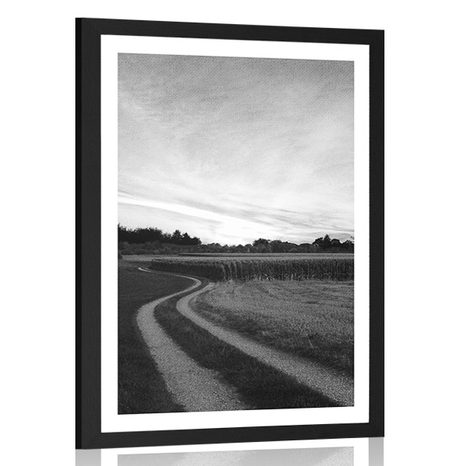POSTER WITH MOUNT SUNSET OVER THE LANDSCAPE IN BLACK AND WHITE - BLACK AND WHITE - POSTERS