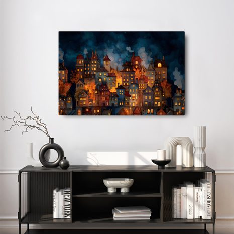 OBRAZ VÁNOČNÍ VESNICE POD HVĚZDAMI - BAREVNÉ DOMY - OBRAZY