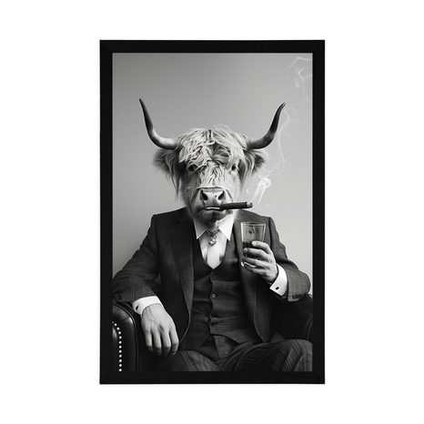 POSTER VACĂ ÎN COSTUM CU ȚIGARĂ ȘI WHISKY - BIVOLI - POSTERE