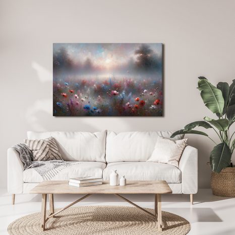 WANDBILD NEBLIGE WIESE MIT BLUMEN - WANDBILDER FELDER UND WIESEN - BILDER