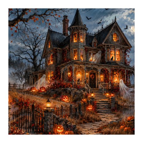 QUADRO SU TELA – CASA DI HALLOWEEN CON FANTASMI - QUADRI HALLOWEEN E HORROR - STAMPE E QUADRI