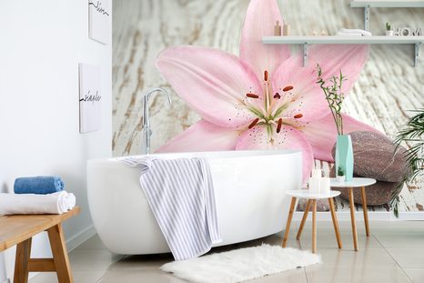 WALL MURAL PINK LILY AND ZEN STONES - WALLPAPERS FENG SHUI - WALLPAPERS