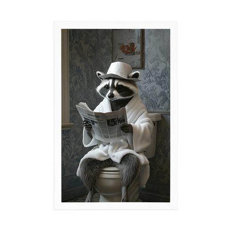 POSTER WASCHBÄR MIT EINER ZEITUNG AUF DEM KLO - TIERE - POSTER
