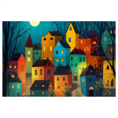 OBRAZ KOUZELNÁ NOČNÍ VESNIČKA - BAREVNÉ DOMY - OBRAZY