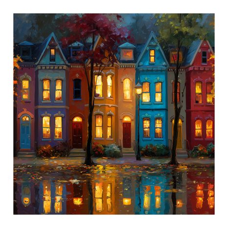 WANDBILD LEUCHTENDE STRASSE BEI NACHT - BUNTE HÄUSER - BILDER