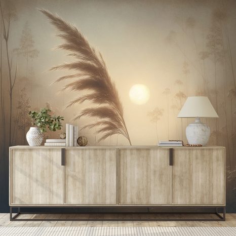 TAPETA PAMPOVÁ TRÁVA V RANNÍ MLZE - TAPETY VÝCHOD A ZÁPAD SLUNCE - TAPETY