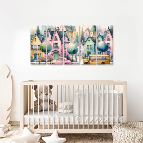 5-CZĘŚCIOWY OBRAZ PASTELOWE MIASTECZKO - OBRAZY DZIECIĘCE - OBRAZY