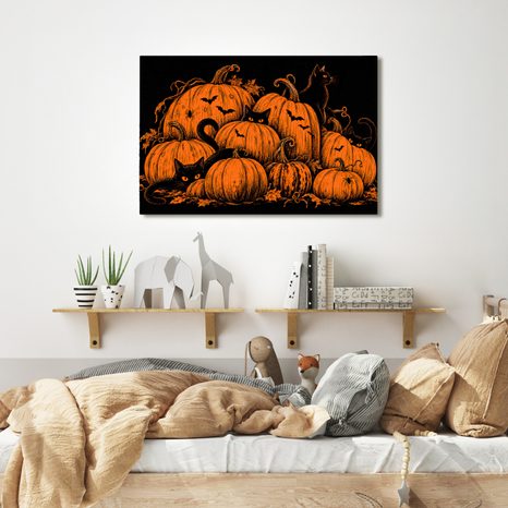 QUADRO SU TELA – ZUCCHE DI HALLOWEEN CON GATTI NERI - QUADRI HALLOWEEN E HORROR - STAMPE E QUADRI