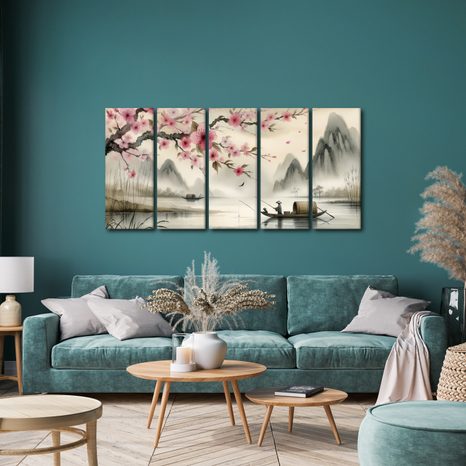 5-TEILIGES WANDBILD FISCHER UND KIRSCHBLÜTEN - BILDER SEEN - BILDER