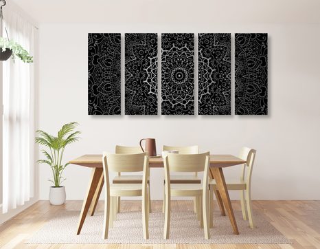 5-DÍLNÝ OBRAZ VINTAGE MANDALA V INDICKÉM STYLU V ČERNOBÍLÉM PROVEDENÍ - ČERNOBÍLÉ OBRAZY - OBRAZY