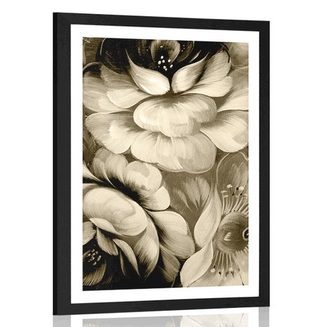 POSTER WITH MOUNT IMPRESSIONISTIC WORLD OF FLOWERS IN SEPIA VERSION - BLACK AND WHITE - POSTERS